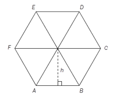 En regulær sekskant ABCDEF satt sammen av seks likesidede trekanter. Sidene i trekantene er 3,0 cm og høyden er h.